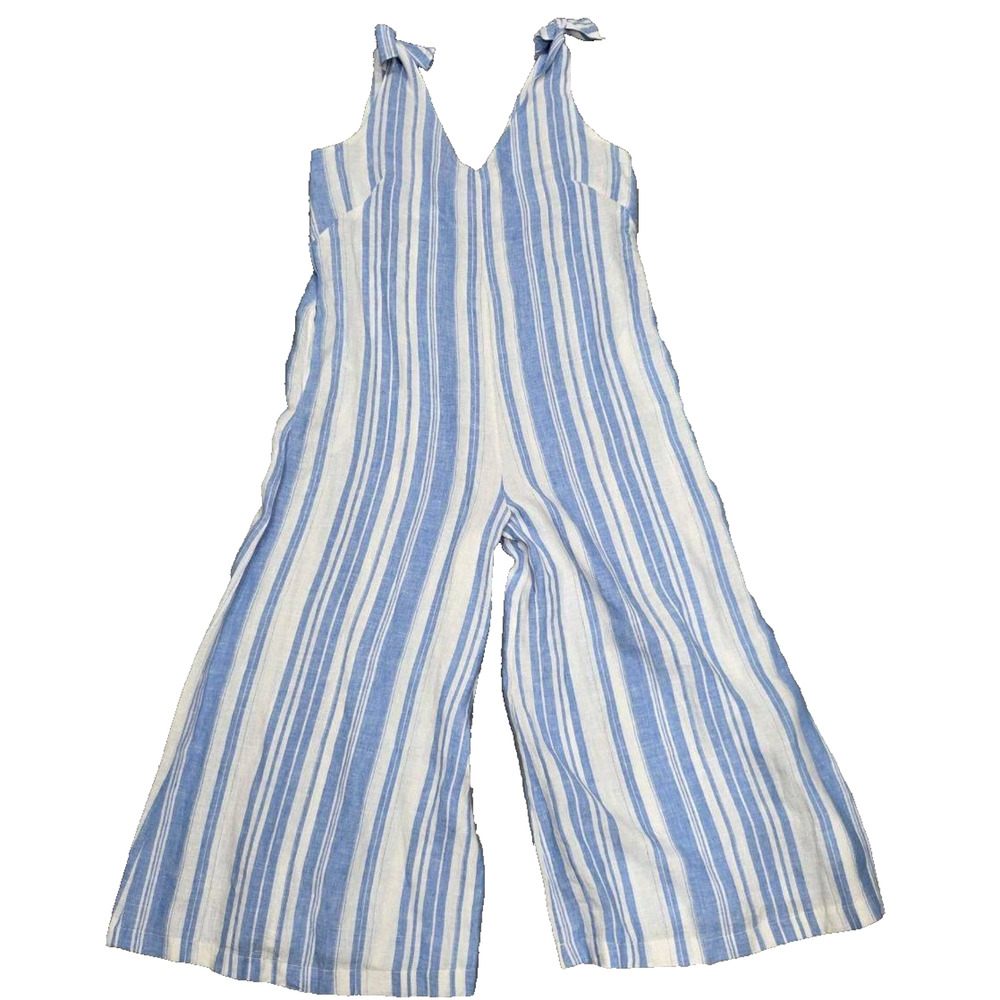 Vitamin A Marina Linen Light Blue White Y2K Striped Wide Leg Jumpsuit M A004532 - Picture 2 of 10